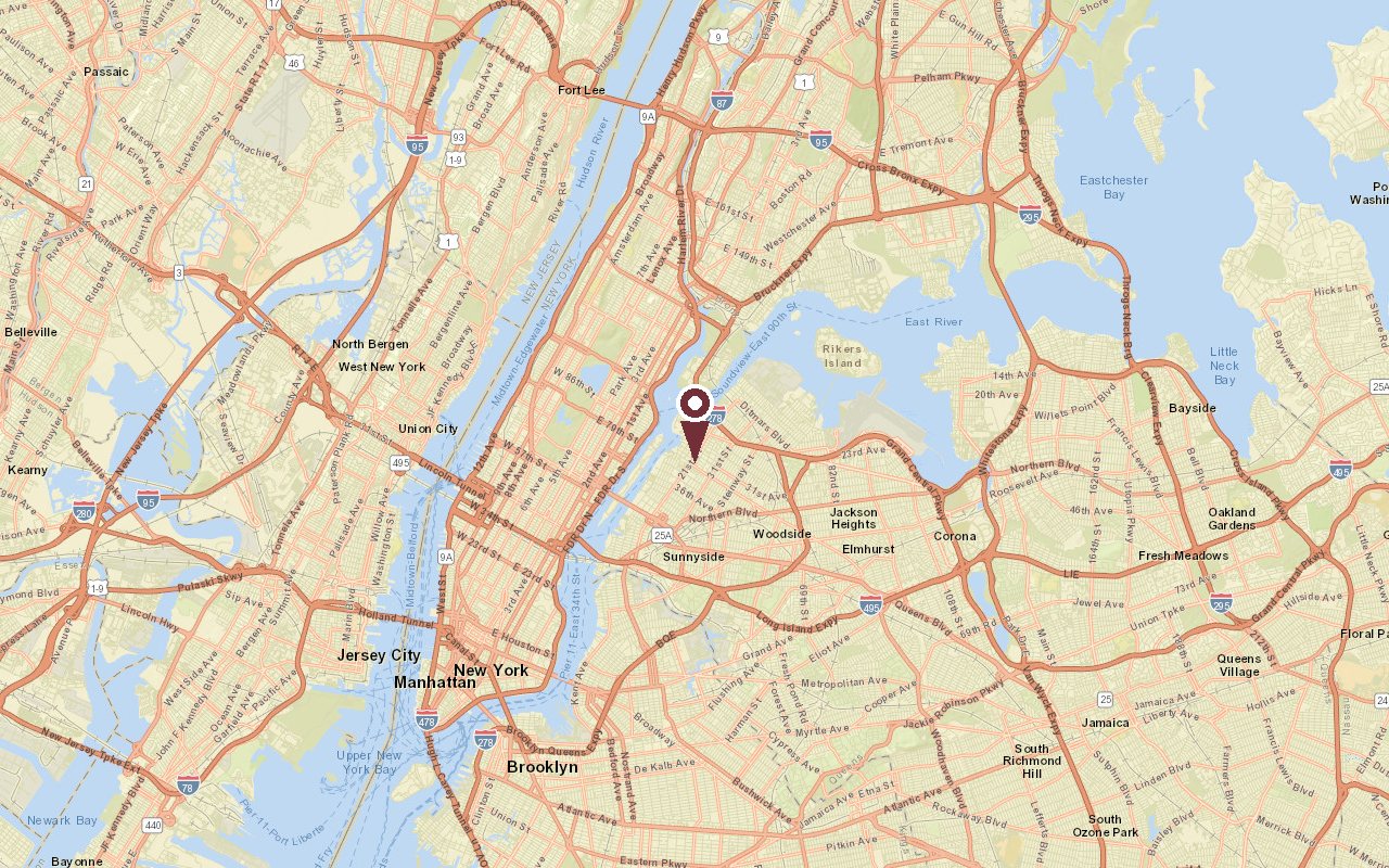 Map of Astoria in context, with a pin on the neighborhood at the northwestern edge of Queens