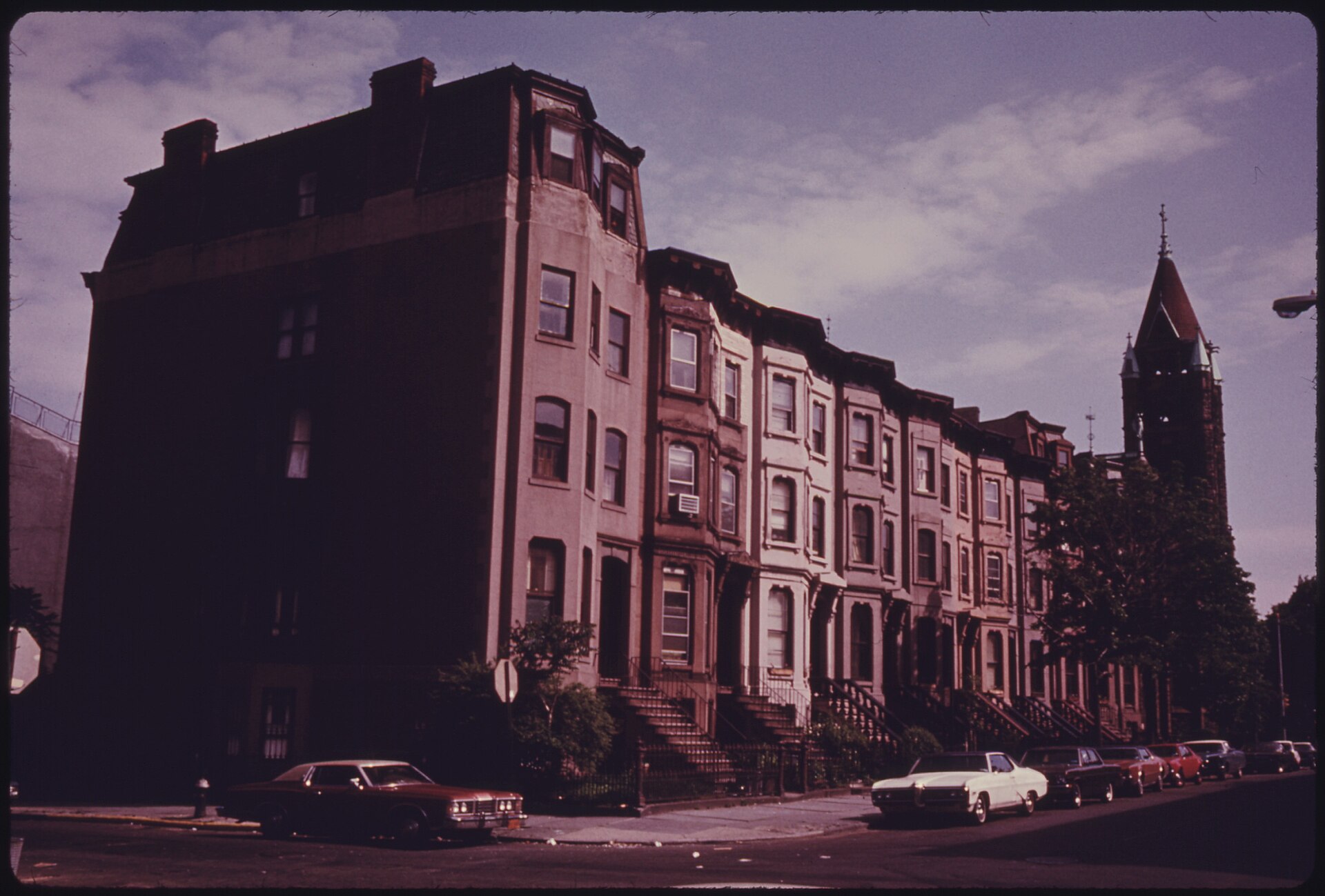 A block of brownstone residences in Park Slope, Brooklyn, in 1974