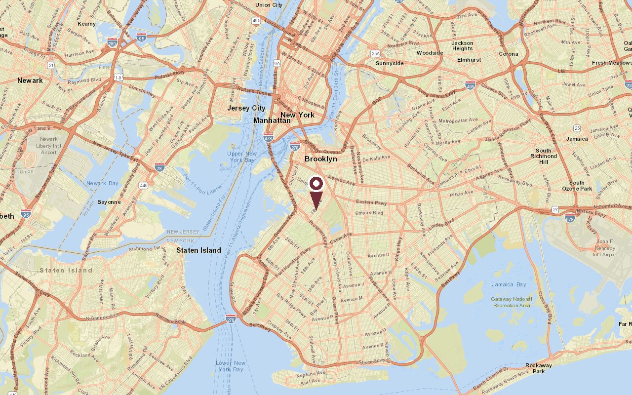 Map of Park Slope in context, with a pin on the neighborhood on the western edge of Prospect Park in Brooklyn