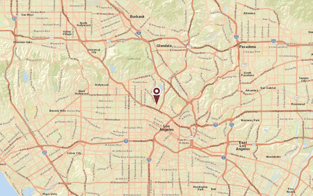Map of Silver Lake in context, with a pin on the neighborhood and Downtown Los Angeles to the southeast