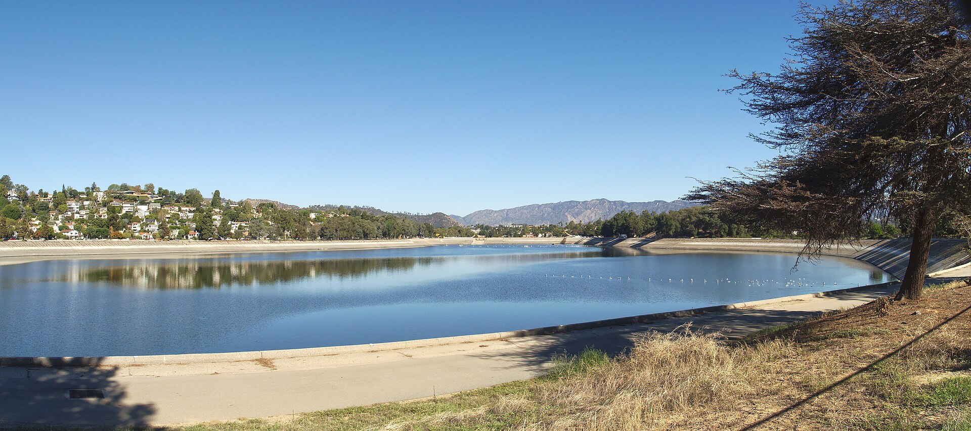 Panoramic view looking northwest across Silver Lake Reservoir toward the hills, Los Angeles, 2015